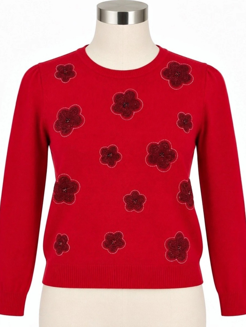 S. Christina 100% Cashmere Red Embellished Floral Sweater L/XL Fits Medium
